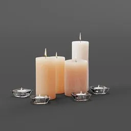 "Set of three scented candles on silver dishes, with polished metal and gelatin silver finish, illuminated by plasticized spiral flames. Octane rendered image for product introduction photos in gray, orange and soft pink colors. 3D model for Blender 3D with unique and detailed design inspired by Ellora and Inca cultures."