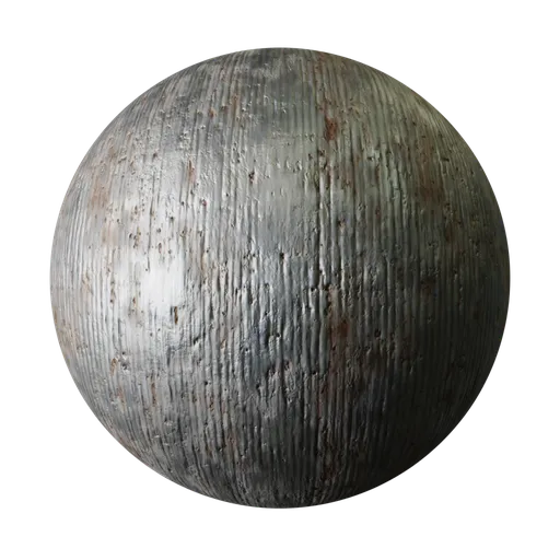 High-resolution PBR texture of weathered, rust-streaked corrugated metal suitable for 3D modeling, industrial and post-apocalyptic designs.