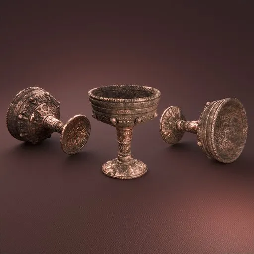 3D modeled aged copper goblet with skull motifs and gem details, rendered in Blender.