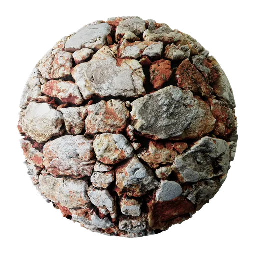 Highly detailed PBR old stone wall texture with moss and lichen for realistic 3D rendering and Blender.