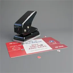 Detailed 3D Blender model of a black office paper puncher with a repositionable airport parking ticket, featuring PBR textures.