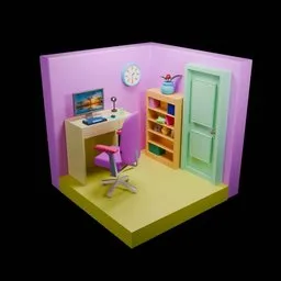 Detailed Blender 3D office model featuring desk, chair, computer setup, bookshelf, and wall clock.