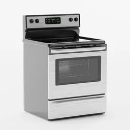 "Kitchen set: Electric stove 02, a detailed 3D model for Blender 3D. This close-up depiction showcases a white background with a full-body render in a centered side view. Inspired by the artwork of Washington Allston, it offers a clean, empty design that complements various scene compositions."