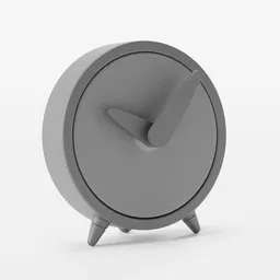"Minimalist decorative clock in gunmetal grey on white surface, in 3/4 front view. Perfect for retail design and morning time. Created with Blender 3D software."
