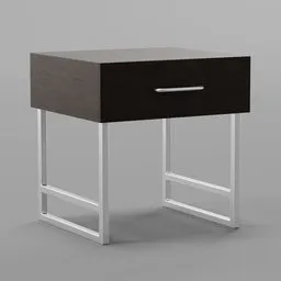 Realistic Blender 3D model of a modern wooden nightstand with sleek metal legs and a storage drawer.
