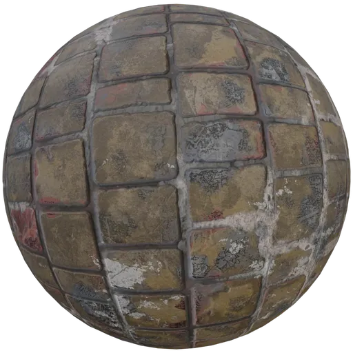 Realistic worn brick wall texture with varying colors, visible cement overflow, for PBR material in Blender 3D.