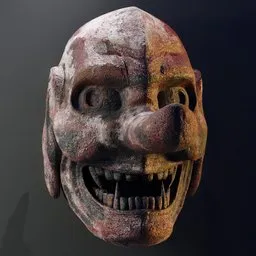 "3D Tengu mask for ancient Japanese concept art rendered in Blender 3D. This high quality model features a detailed face with a tooth, conjuring a demon-inspired design. Perfect for video game assets and magic artifact creations, with stunning color restoration and a devilish smile."