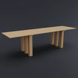 Detailed 3D model of a modern wooden table with unique legs, suitable for Blender rendering and animation.