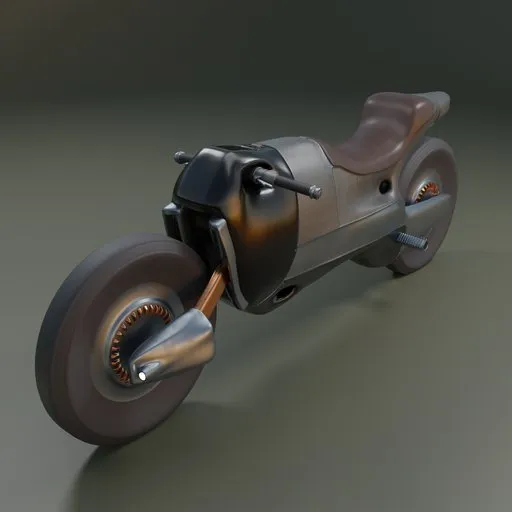 Futuristic 3D-rendered motorcycle with a sleek design and advanced rigging, compatible with Blender for animation.