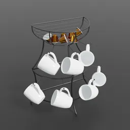 "3D model of a Mug Stand with mugs and filter coffee pods, ideal for Blender 3D software. This kitchen set includes cups, detailed renders, and a variety of elements like mechanical design, black furniture, and goldsrc. Enhance your Blender 3D projects with this versatile and visually appealing 3D model."