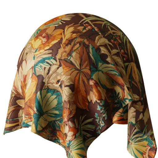 High-resolution PBR fabric texture with colorful leaf patterns for 3D Blender material library.