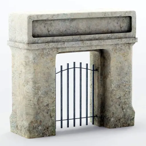Realistic Blender 3D model of a textured stone archway with integrated metal gate, ideal for architectural visualization.