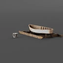 In-progress Blender 3D model of a vintage wooden batana boat on stand, showcase of old-world craftsmanship, for scene enhancement.
