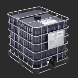 3D model of a 1000L blue bulk container with dual openings, ready for Blender, on a plastic pallet.