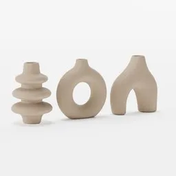 "Three mini organic vases made of glazed stoneware with unique shapes, created in Blender 3D software. Perfect for home decor and flower arrangements, standing at 10 cm tall."