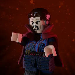"A fantasy 3D model of a rigged Dr Strange LEGO figurine for Blender 3D, with a malevolent expression, chunky gauntlets and a red cape. Trending on character design and perfect for website banners."