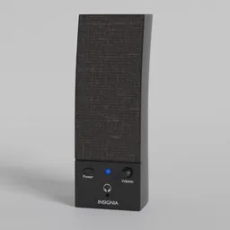 "Discover the Insignia Speaker, a high-quality 3D model designed for Blender 3D. This audio marvel showcases a close-up view of a radiosity-rendered speaker featuring a captivating blue light. With its sleek black color scheme and compact dimensions of 3.4" X 2.35" X 6.625", this unique cell cover style speaker is perfect for your Blender 3D projects."