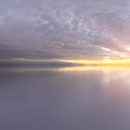 Tranquil sunset HDR with soft clouds reflecting in water, ideal for realistic lighting in 3D scenes.