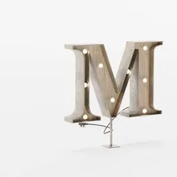Detailed 3D model of a rustic letter M with lights, ideal for Blender rendering and virtual staging.