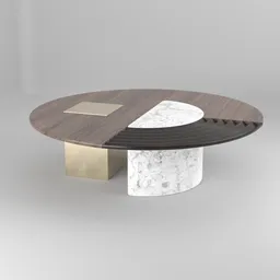 "Blender 3D model of the Coco Republic Clara Coffee Table. This 3D model features a marble table top with a wooden and metal base design, along with gold gilded circle halo. Trending on ArtStation, the model showcases smooth defined edges with scratches reflective of its Strathmore 200 and Gazeta inspiration."
