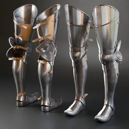 Detailed 3D model of historical metal foot armor with realistic textures, suitable for Blender projects.