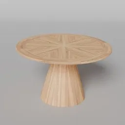 3D rendered oak dining table with a sunburst pattern top and tapered pedestal base designed for Blender 3D visualization.