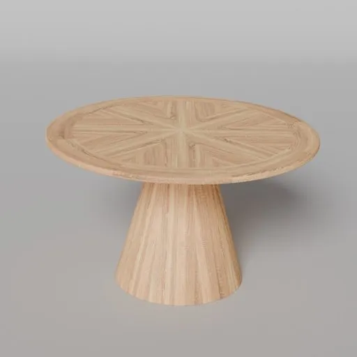 3D rendered oak dining table with a sunburst pattern top and tapered pedestal base designed for Blender 3D visualization.
