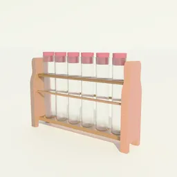 Detailed Blender 3D rendering of lab test tubes with pink caps in a wooden rack.