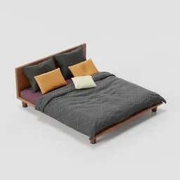 "3D wooden bed model with quilt and pillows, made in Blender 3D in 2019. Featuring walnut wood texture and detailed body shape, this comfortable and nonbinary design is perfect for your next interior scene project."