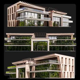 Detailed 3D Blender model of a modern restaurant with glass facade and balcony showcasing a blend of traditional and contemporary architecture.