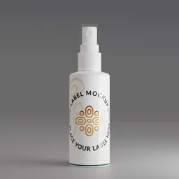 "Close-up of a spray bottle with label and black leather samurai garment, inspired by Laurel Burch and Béla Czóbel. Ideal for skincare or professional online branding. Blender 3D model from award-winning brand agency, with aboriginal capirote and mochiduki key details."