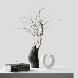 "Decorative vase set and jewelry box for architectural visualization in Blender 3D. Featuring twisted twig designs inspired by willow trees and rendered in both Vray and Arnold. A curated collection in black and grey, perfect for your 3D modeling needs."