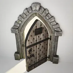 Textured 3D medieval Gothic door model with stone arch for Blender, suitable for historic castle and church scenes.