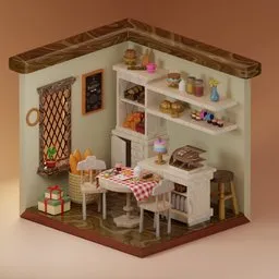 Detailed 3D bakery interior model with bread, donuts, cakes, jam jars, milk bottles, and pastry tools, featuring glossy textures and warm lighting.