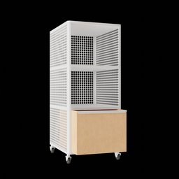"Blender 3D model of Ikea BEKANT shelving unit with four compartments, cart wheels, and accurate dimensions. Volumetric diffuse shading with atmospheric dust and a soft blurred background. Perfect for interior design projects."