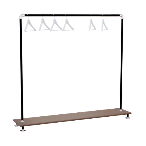 Realistic Blender 3D clothes rack model featuring hangers and shelf, perfect for interior design visualizations.