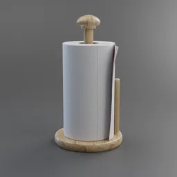 Photorealistic Blender 3D model of a paper towel roll on a wooden stand with intricate subsurface materials.