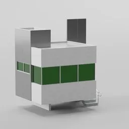 "A modernist-inspired Security Cabin with a robotic cat, featuring a small white building with green windows on a gray background. This 3D model for Blender 3D is 3/4 front view and comes untextured, perfect for adding into your scene. Get this minimalist design that blends functionality and aesthetic appeal for your projects."