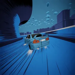 Dynamic 3D urban scene with stylized drifting car using Blender toon shader.