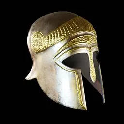 "Ornamented Greek ancient helmet with gold decoration and silver accents, rendered in 3D using Blender software. Perfect for historical fiction, battle scenes, and thievery-themed content. This Greek helmet showcases glowing eyes and intricate brass plates, symbolizing victory and protection."