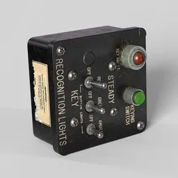 "Switch Box INS-0116: WWII Combat Aircraft Equipment for Blender 3D - Authentic "NEW OLD STOCK" toggle switch box used in fighters like the P-47 and P-51, and bombers such as the B-17, B-24, and B-25. Control colored recognition lights with this photorealistic 3D model by Blender 3D, inspired by Robert J. Brawley and manufactured by Standard Aircraft Products, Inc."