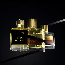 3D-rendered luxury perfume bottles with golden caps and labels on reflective surface.