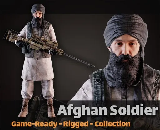 Realistic 3D model of an armed Afghan warrior in traditional attire for use in Blender animations and games.