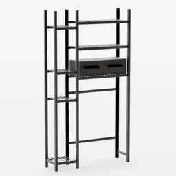 Detailed 3D model of a black and brown toilet rack with shelves for bathroom storage in Blender.