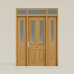 Detailed wooden residential entrance with transom windows for Blender 3D modeling.