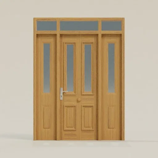 Detailed wooden residential entrance with transom windows for Blender 3D modeling.