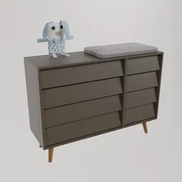 "Stylized baby dresser rendered in golden and light grey blue, complete with a cute stuffed animal on top and a lockbox drawer. Perfect for your child's retro-inspired or storm-themed bedroom. Available for use in Blender 3D."