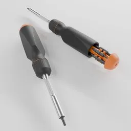 Detailed 3D Blender model of a screwdriver with interchangeable bits, rendered with realistic textures and lighting.