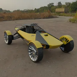 "Yellow and black racing car concept 3D model for Blender 3D, featuring wheels on a dirt road surrounded by trees. Based on Autodesk blueprints and designed with inspiration from The 5th Element, Panther, Barsoom, and more. Perfect for realistic automotive scenes in 3D visualization."