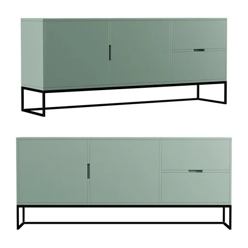 Modern minimalist sea-green sideboard 3D model with silver handles and black metal base, ideal for interior design visualization in Blender.